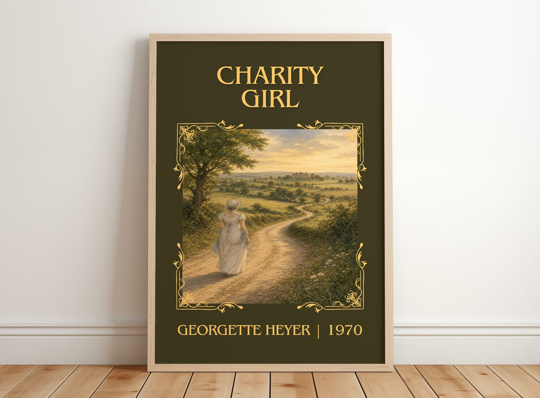 Charity Girl Classic Book Art Print by Georgette Heyer – framed print leaning on a wooden floor