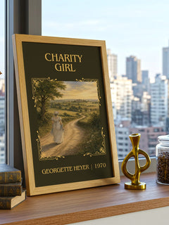 Charity Girl Classic Book Art Print by Georgette Heyer – framed print on a city-view windowsill
