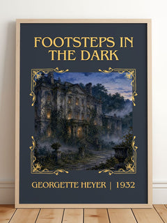 Footsteps in the Dark Classic Book Art Print by Georgette Heyer – framed print leaning on a wooden floor