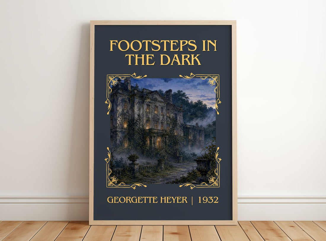 Footsteps in the Dark Classic Book Art Print by Georgette Heyer – framed print leaning on a wooden floor
