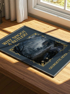 Why Shoot a Butler? Classic Book Art Print by Georgette Heyer – print on a sunlit desk