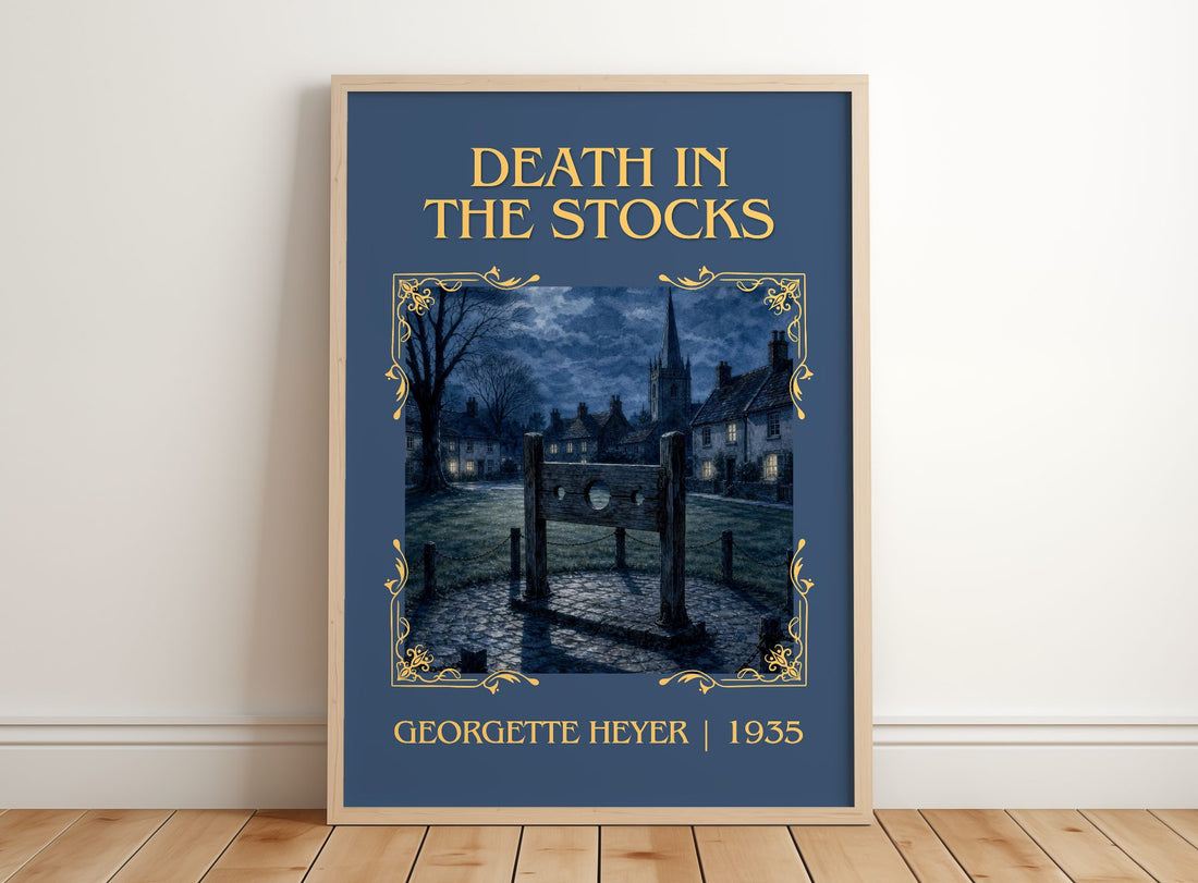 Death in the Stocks Classic Book Art Print by Georgette Heyer – framed print leaning on a wooden floor