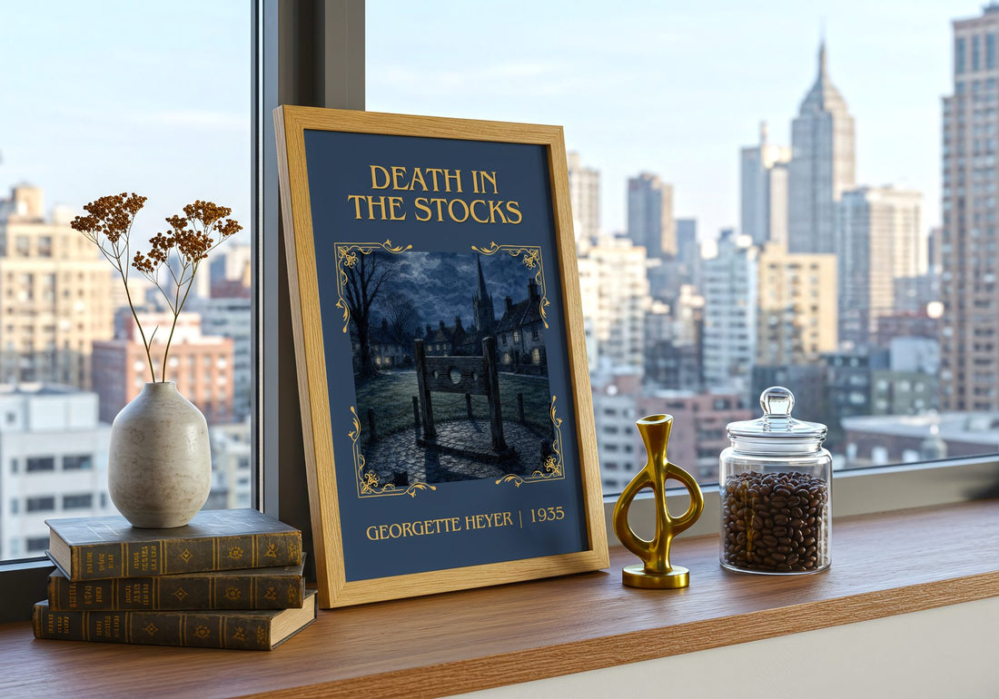 Death in the Stocks Classic Book Art Print by Georgette Heyer – framed print on a city-view windowsill