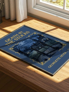 Death in the Stocks Classic Book Art Print by Georgette Heyer – print on a sunlit desk