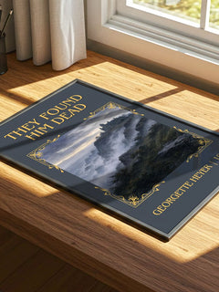 They Found Him Dead Classic Book Art Print by Georgette Heyer – print on a sunlit desk
