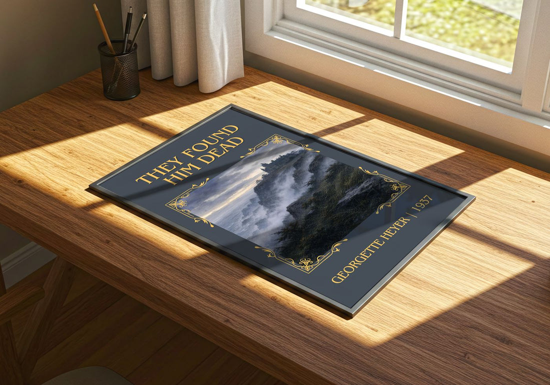They Found Him Dead Classic Book Art Print by Georgette Heyer – print on a sunlit desk