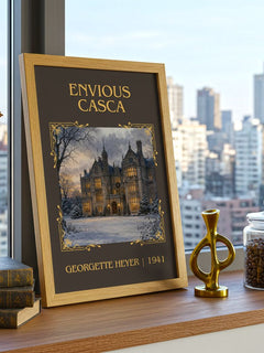 Envious Casca Classic Book Art Print by Georgette Heyer – framed print on a city-view windowsill