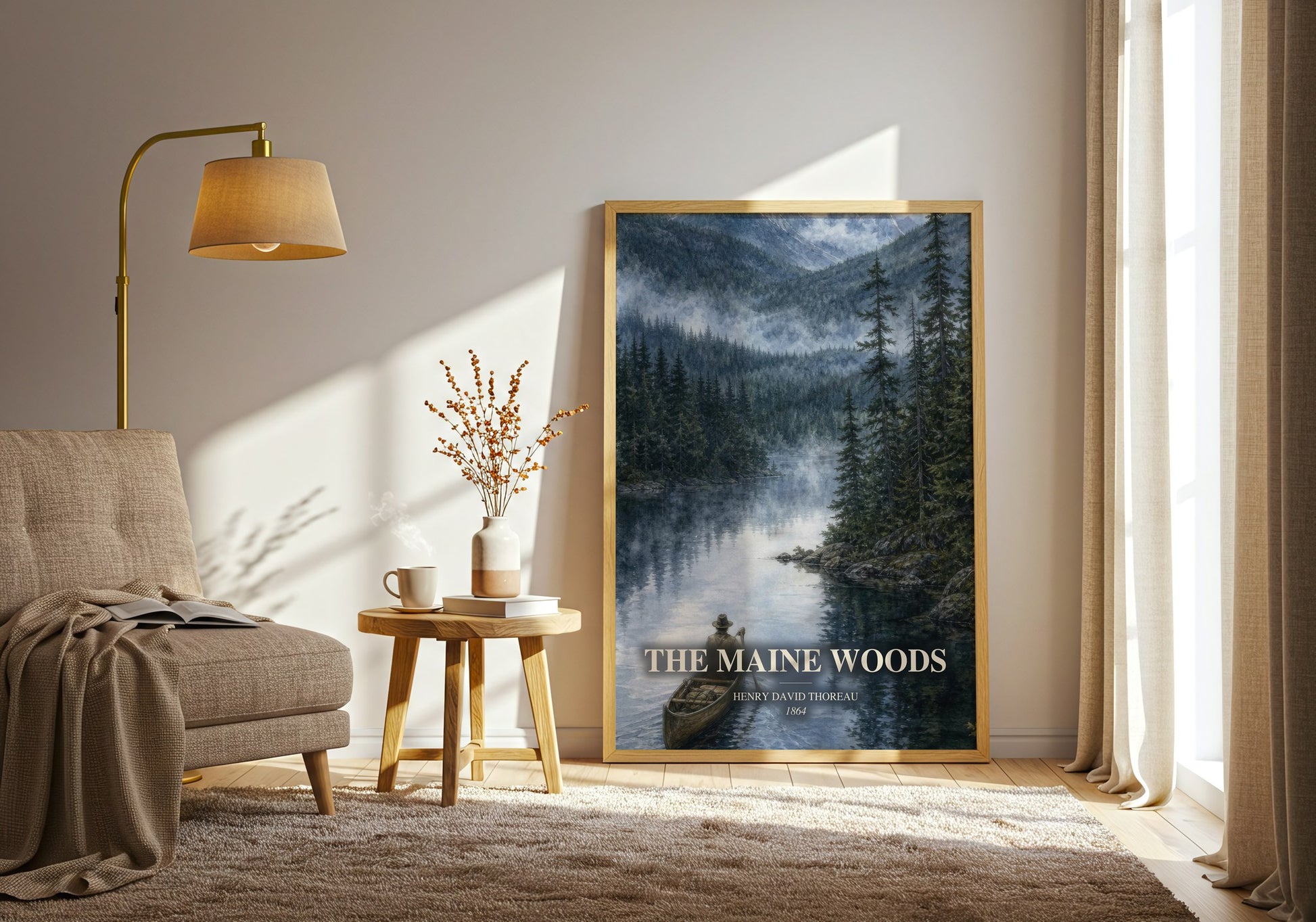The Maine Woods watercolour print in frame leaning in hallway – non fiction wall art