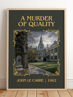 A Murder of Quality Classic Book Art Print by John le Carré – framed print leaning on a wooden floor