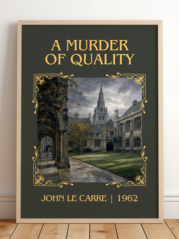 A Murder of Quality Classic Book Art Print by John le Carré – framed print leaning on a wooden floor
