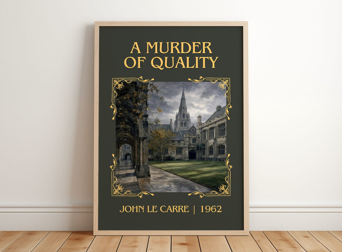 A Murder of Quality Classic Book Art Print by John le Carré – framed print leaning on a wooden floor