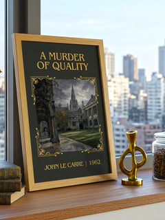 A Murder of Quality Classic Book Art Print by John le Carré – framed print on a city-view windowsill
