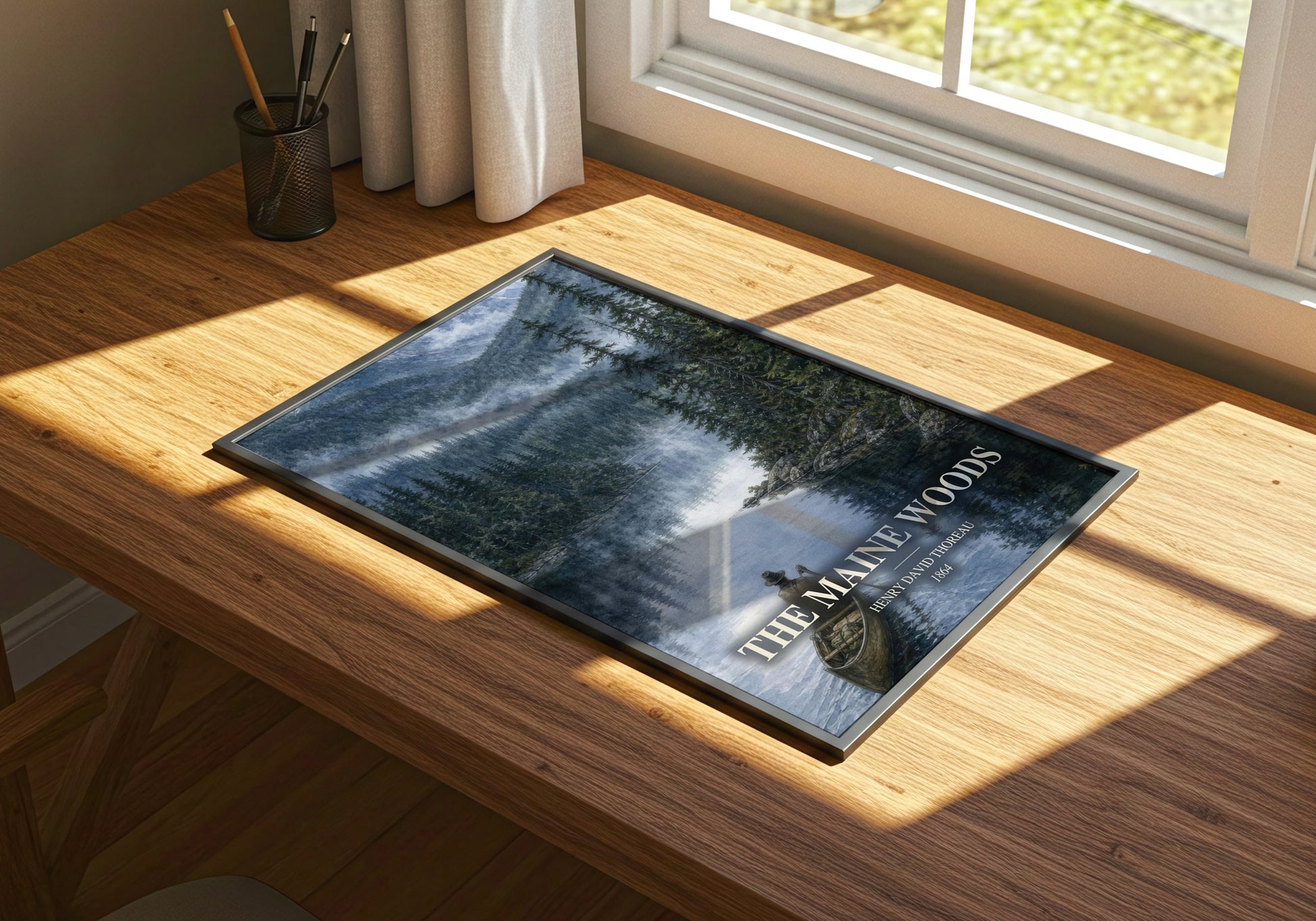 The Maine Woods watercolour book poster framed on wall – non fiction wall art