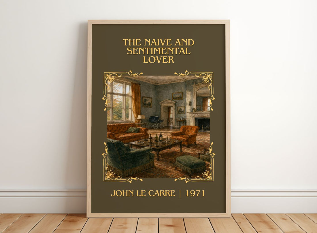 Naive and Sentimental Lover Classic Book Art Print by John le Carré – framed print leaning on a wooden floor