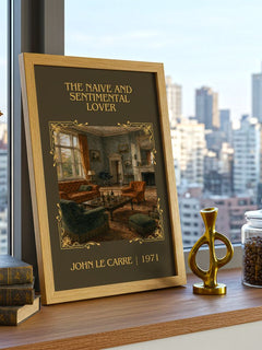 Naive and Sentimental Lover Classic Book Art Print by John le Carré – framed print on a city-view windowsill