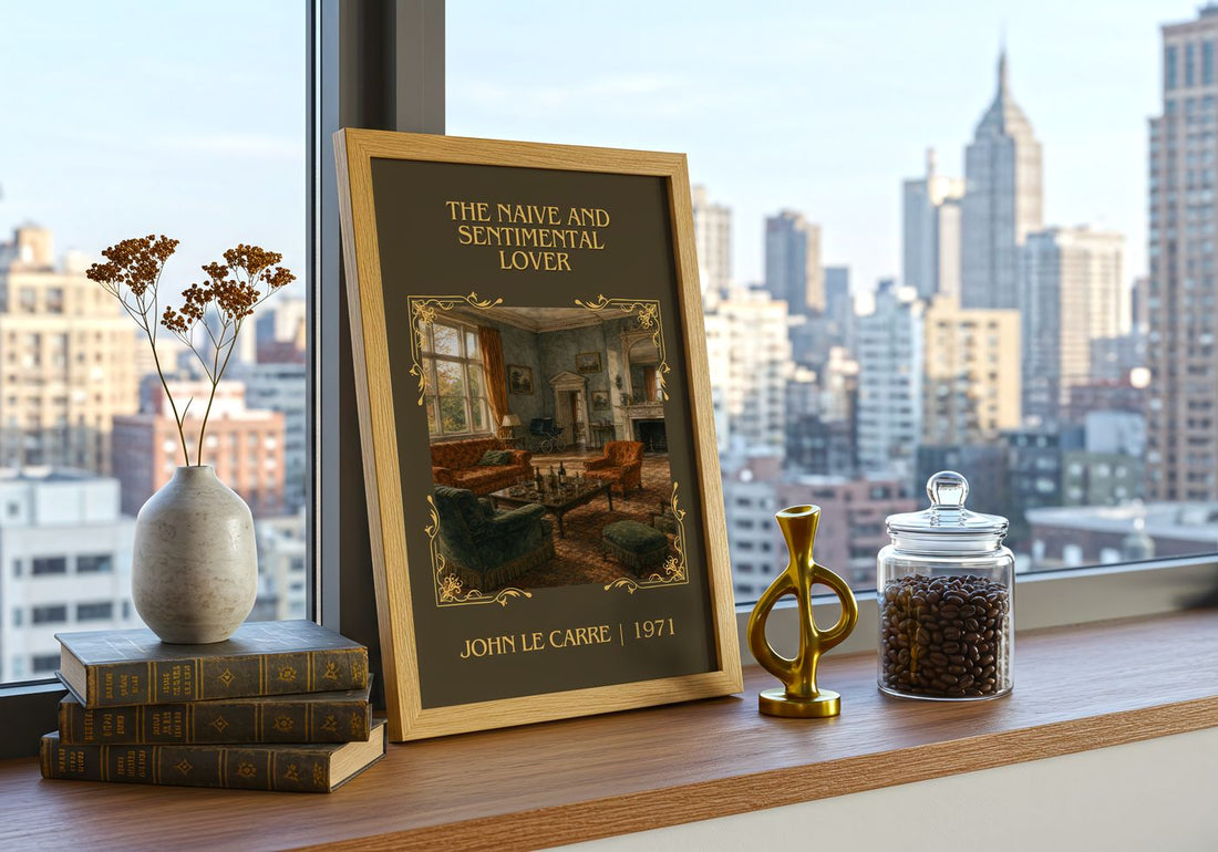 Naive and Sentimental Lover Classic Book Art Print by John le Carré – framed print on a city-view windowsill