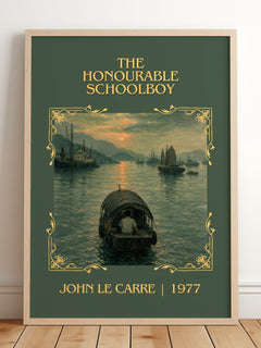 The Honourable Schoolboy Classic Book Art Print by John le Carré – framed print leaning on a wooden floor