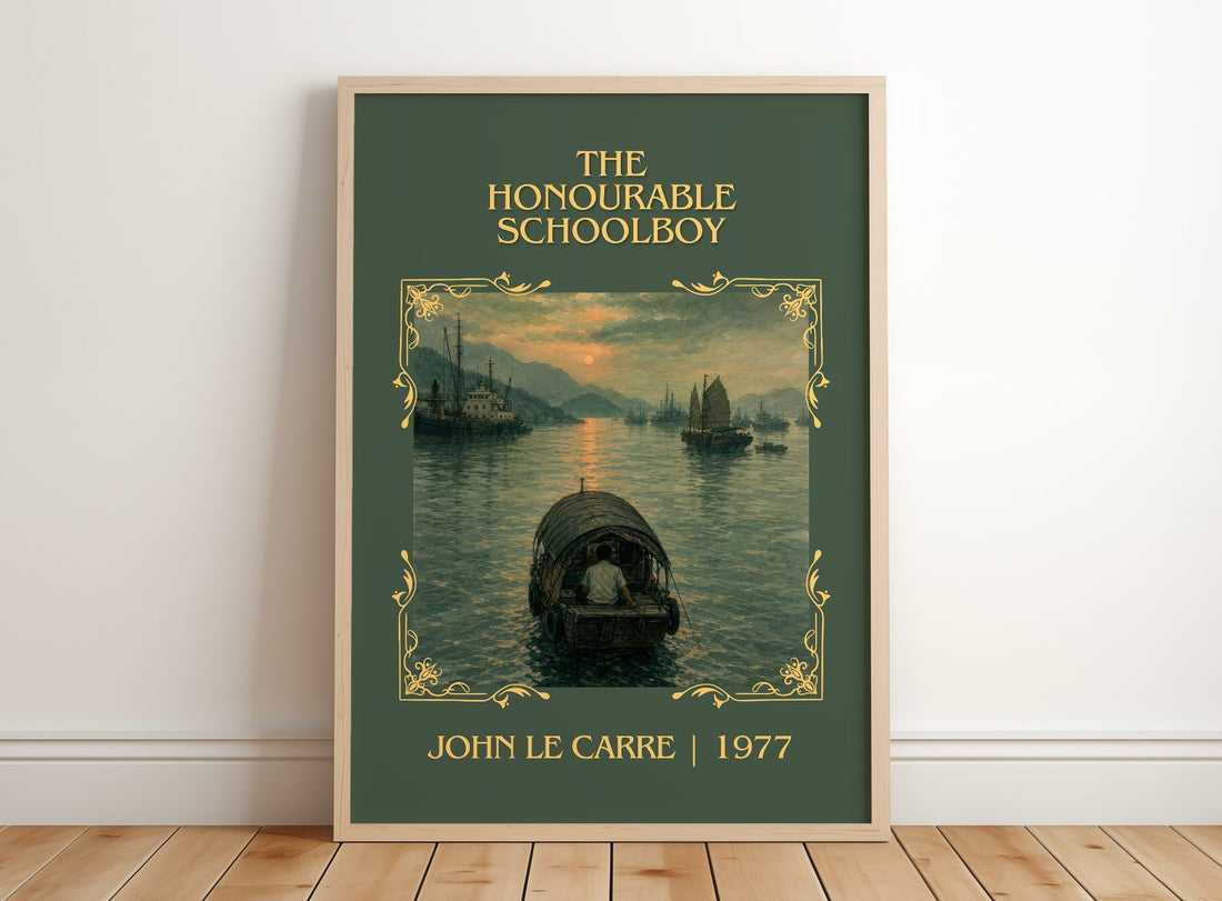 The Honourable Schoolboy Classic Book Art Print by John le Carré – framed print leaning on a wooden floor