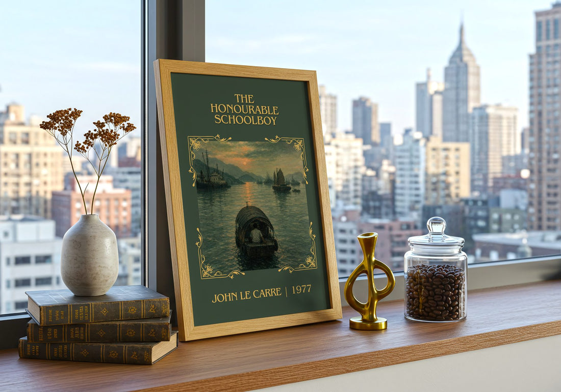 The Honourable Schoolboy Classic Book Art Print by John le Carré – framed print on a city-view windowsill
