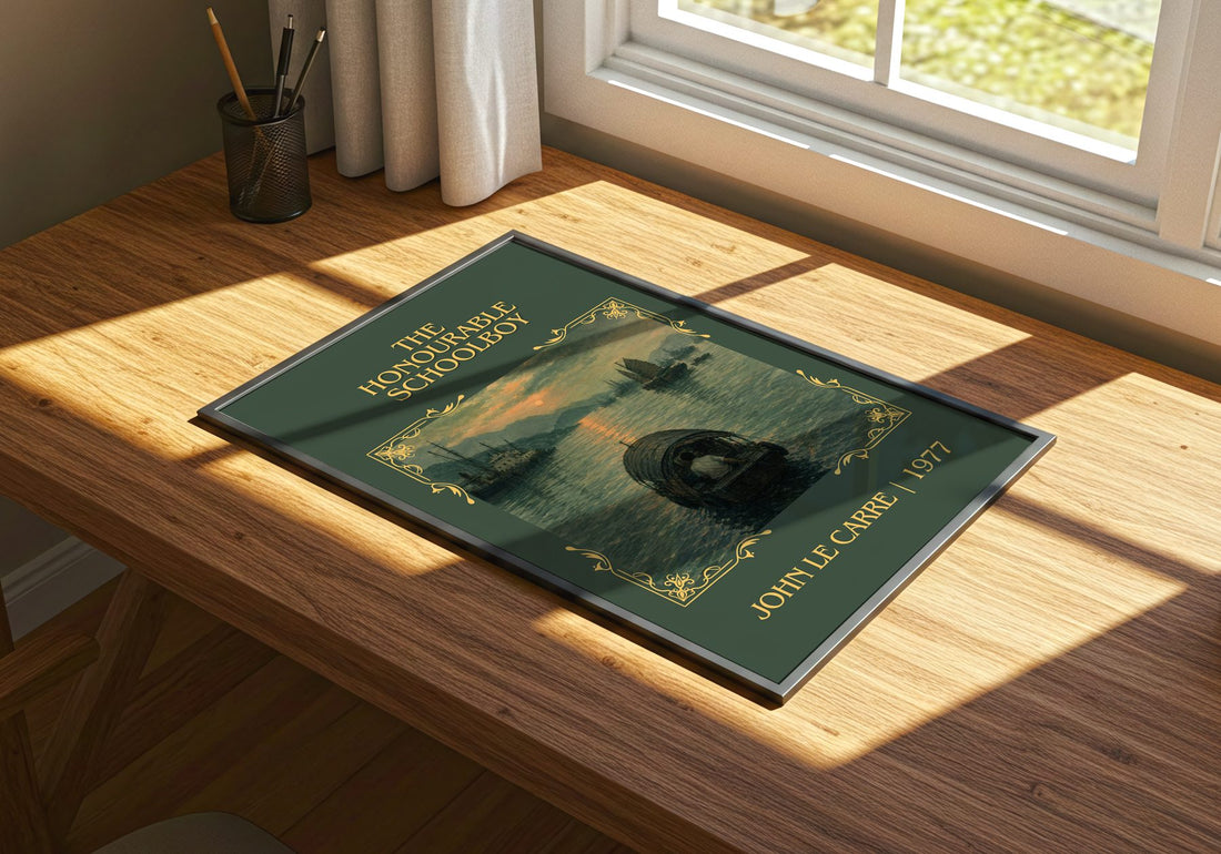 The Honourable Schoolboy Classic Book Art Print by John le Carré – print on a sunlit desk