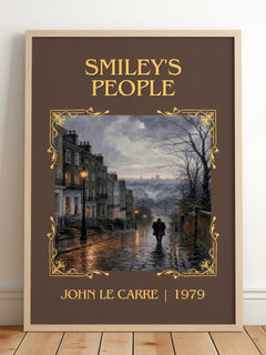 Smiley's People Classic Book Art Print by John le Carré – framed print leaning on a wooden floor