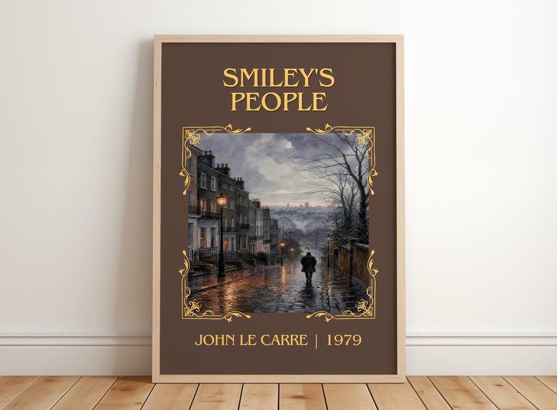 Smiley's People Classic Book Art Print by John le Carré – framed print leaning on a wooden floor