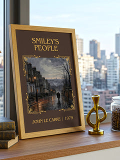 Smiley's People Classic Book Art Print by John le Carré – framed print on a city-view windowsill