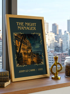 The Night Manager Classic Book Art Print by John le Carré – framed print on a city-view windowsill