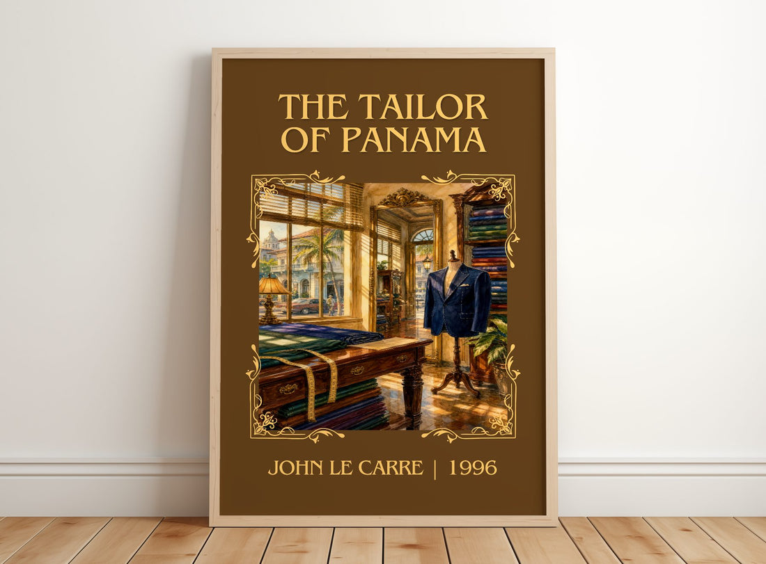 The Tailor of Panama Classic Book Art Print by John le Carré – framed print leaning on a wooden floor