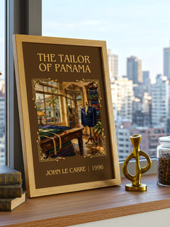The Tailor of Panama Classic Book Art Print by John le Carré – framed print on a city-view windowsill