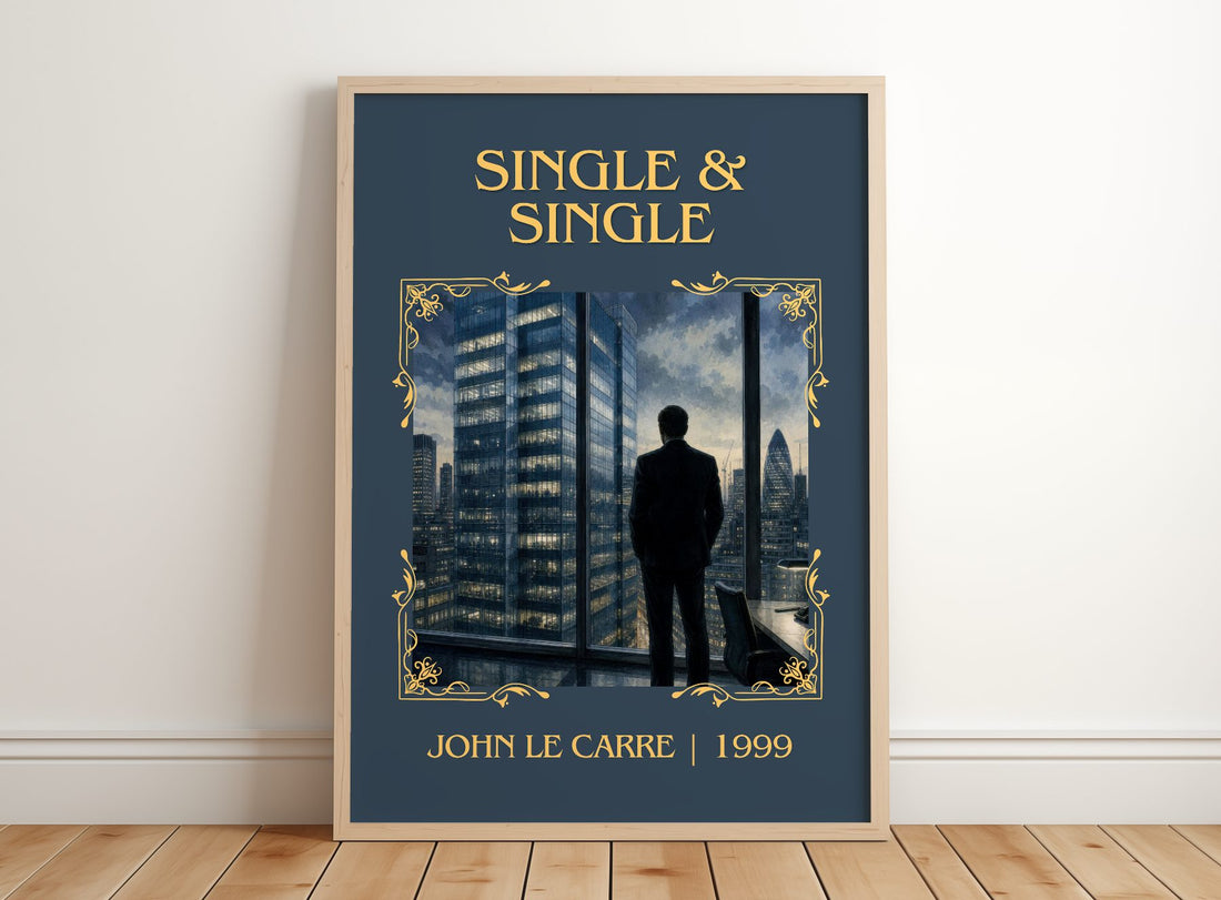 Single & Single Classic Book Art Print by John le Carré – framed print leaning on a wooden floor