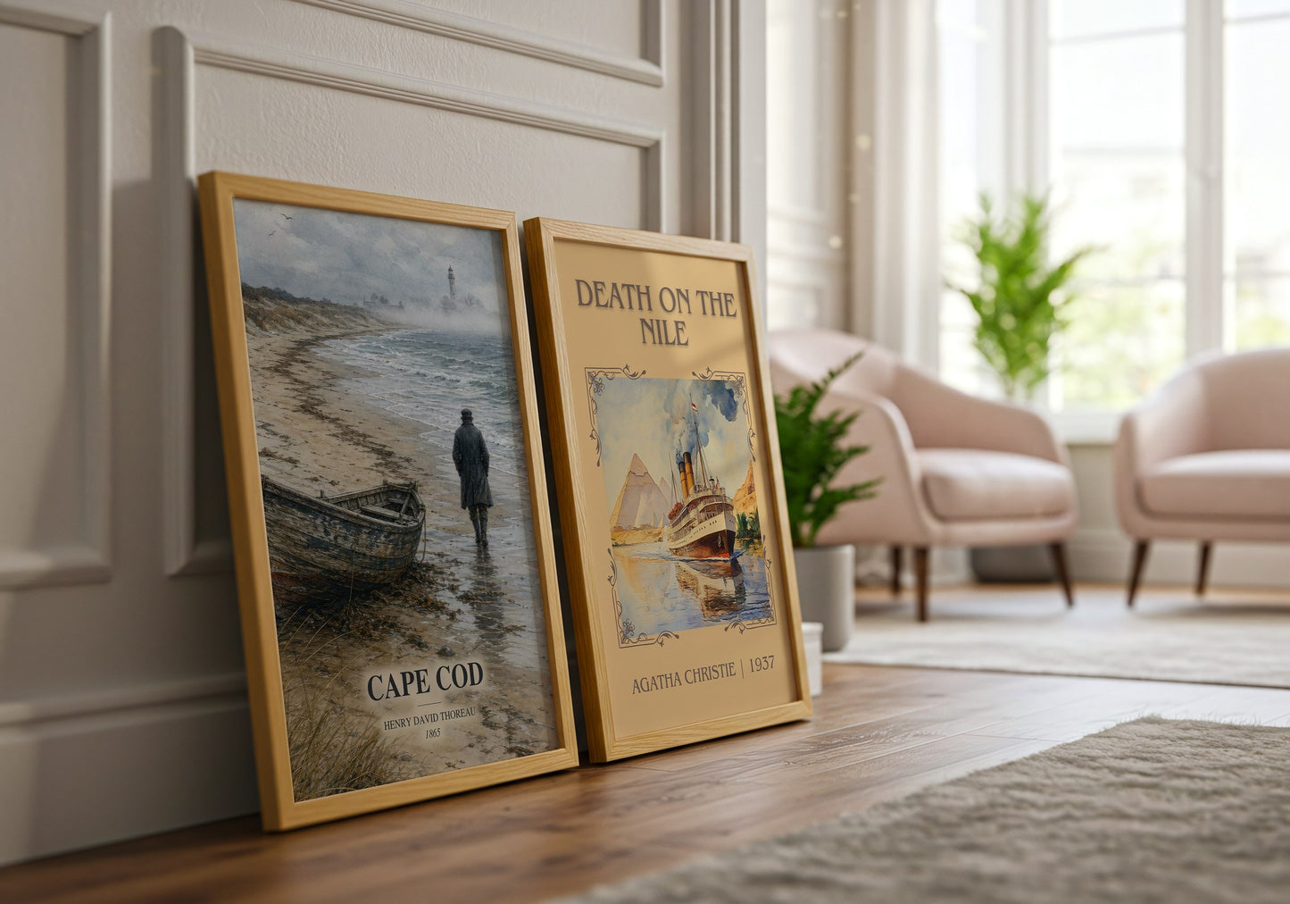 Cape Cod watercolour print framed by window – literary home decor