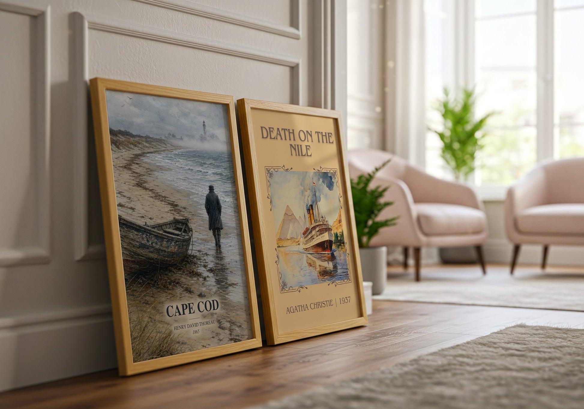 Cape Cod watercolour print framed by window – literary home decor