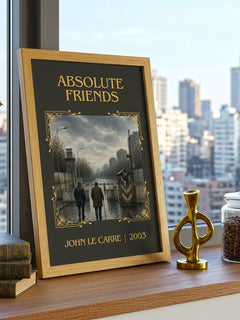 Absolute Friends Classic Book Art Print by John le Carré – framed print on a city-view windowsill