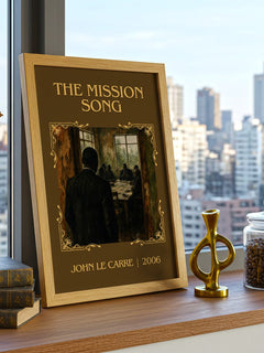 The Mission Song Classic Book Art Print by John le Carré – framed print on a city-view windowsill
