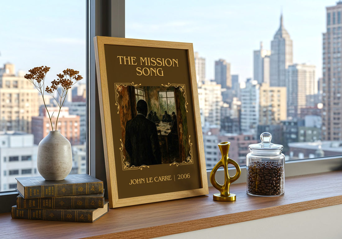 The Mission Song Classic Book Art Print by John le Carré – framed print on a city-view windowsill