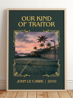 Our Kind of Traitor Classic Book Art Print by John le Carré – framed print leaning on a wooden floor