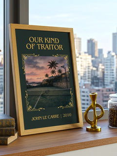 Our Kind of Traitor Classic Book Art Print by John le Carré – framed print on a city-view windowsill
