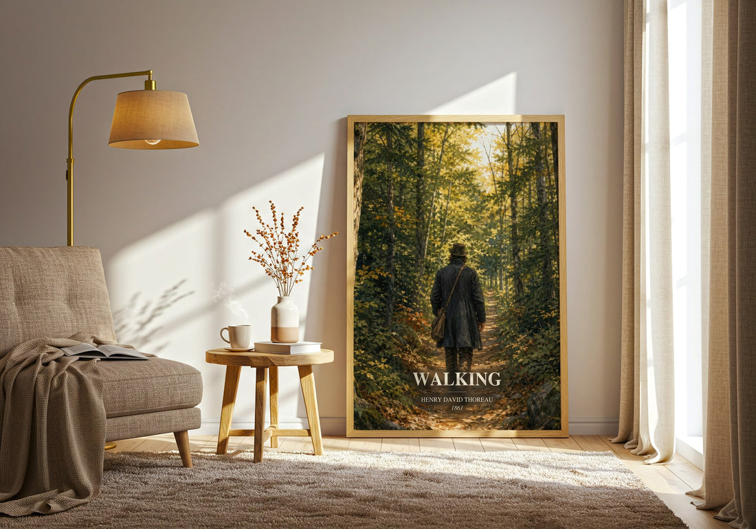 Walking watercolour print in frame leaning in hallway – philosophy wall art (mockup)