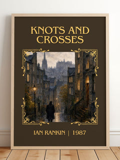 Knots and Crosses Classic Book Art Print by Ian Rankin – framed print leaning on a wooden floor