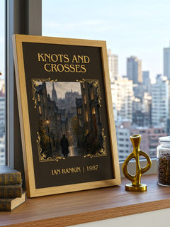 Knots and Crosses Classic Book Art Print by Ian Rankin – framed print on a city-view windowsill