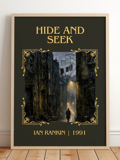 Hide and Seek Classic Book Art Print by Ian Rankin – framed print leaning on a wooden floor