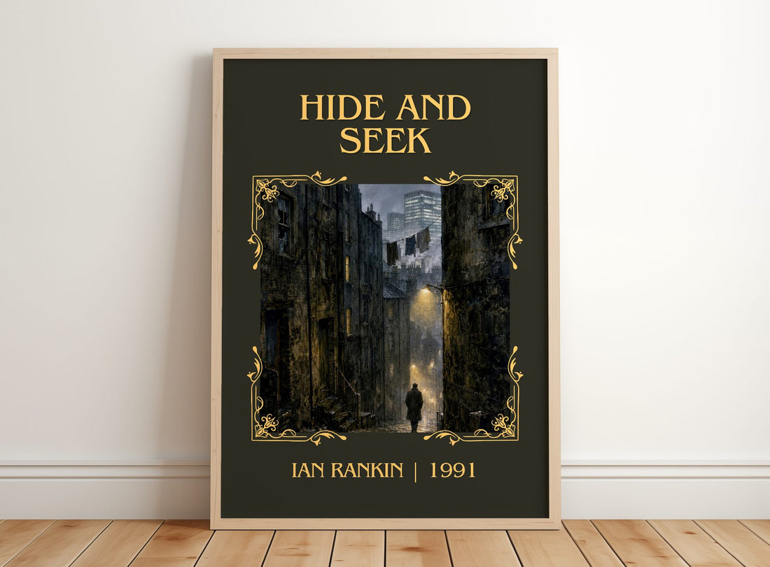 Hide and Seek Classic Book Art Print by Ian Rankin – framed print leaning on a wooden floor