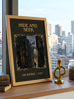 Hide and Seek Classic Book Art Print by Ian Rankin – framed print on a city-view windowsill