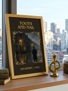 Tooth and Nail Classic Book Art Print by Ian Rankin – framed print on a city-view windowsill