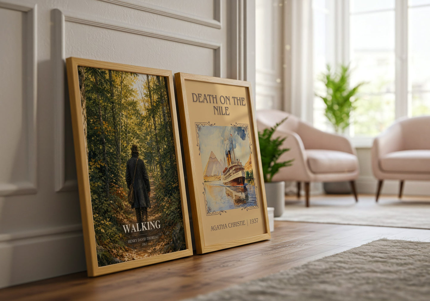 Walking watercolour print framed by window – literary home decor