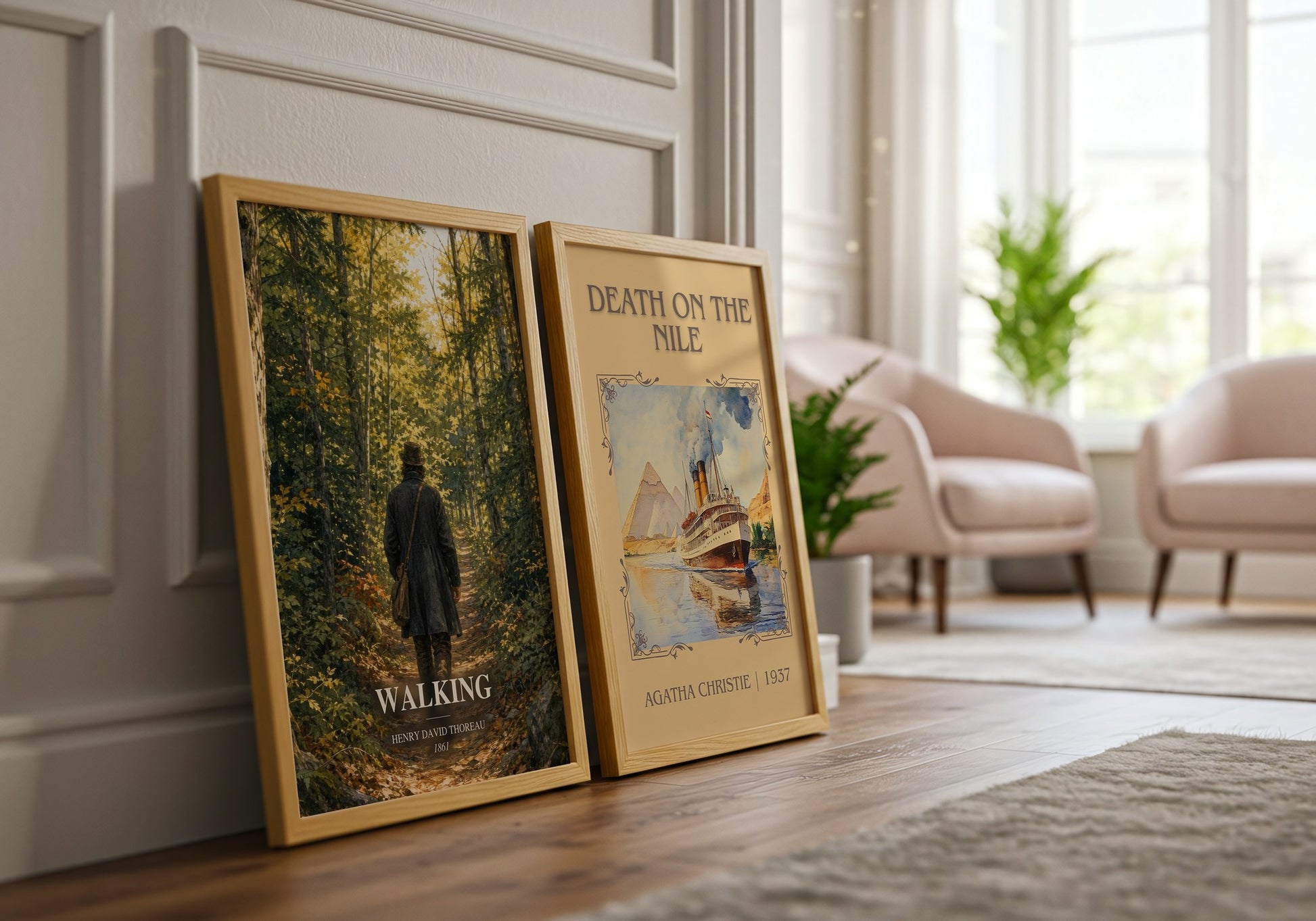 Walking watercolour print framed by window – literary home decor