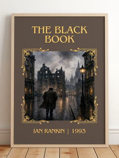The Black Book Classic Book Art Print by Ian Rankin – framed print leaning on a wooden floor