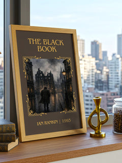 The Black Book Classic Book Art Print by Ian Rankin – framed print on a city-view windowsill