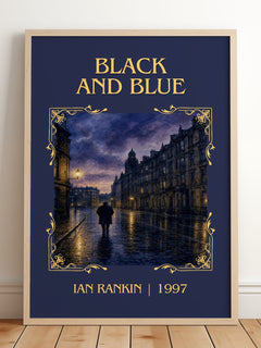 Black and Blue Classic Book Art Print by Ian Rankin – framed print leaning on a wooden floor